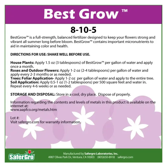 Best Grow 8-10-5 fertilizer label use guidelines