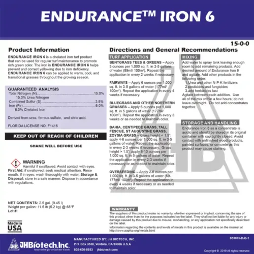 Endurance Iron 6 lawn & turf care fertilizer label use guidelines