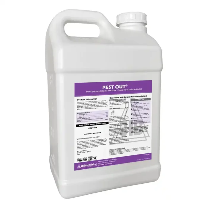 Pest Out insecticide & miticide for plants - 2.5 gallon bottle with use directions on its label