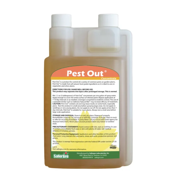 A bottle of pest out insecticide with label use guidelines