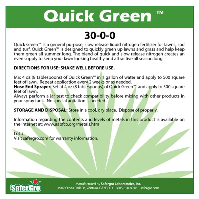 Quick Green 30-0-0 lawn & turf care fertilizer label use guidelines