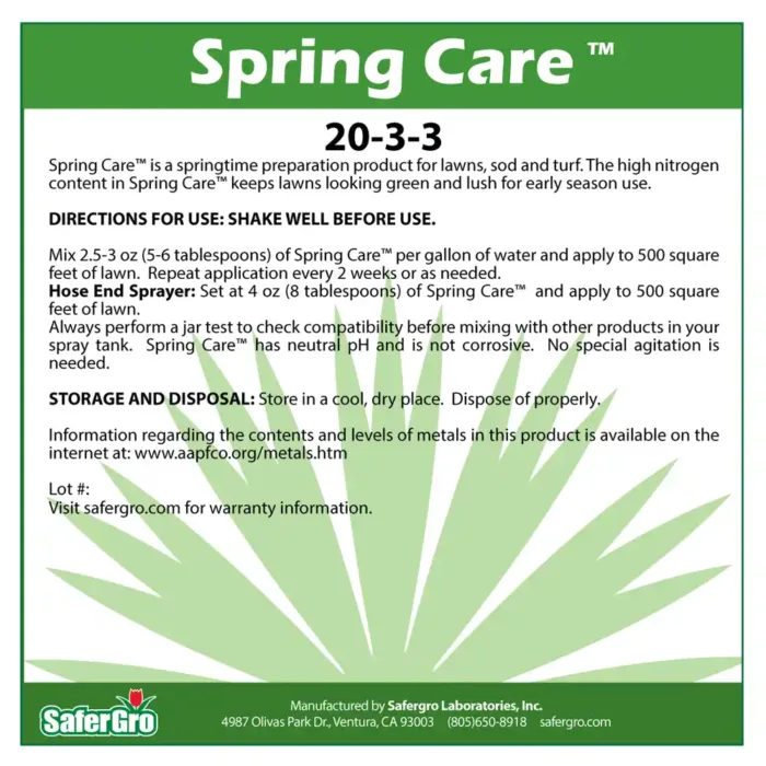 Spring Care 20-3-3 lawn & turf care fertilizer label use guidelines