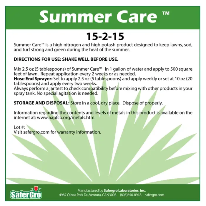 Summer Care 15-2-15 lawn & turf care fertilizer label use guidelines