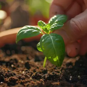 A hand pointing at young sprout in fertile soil