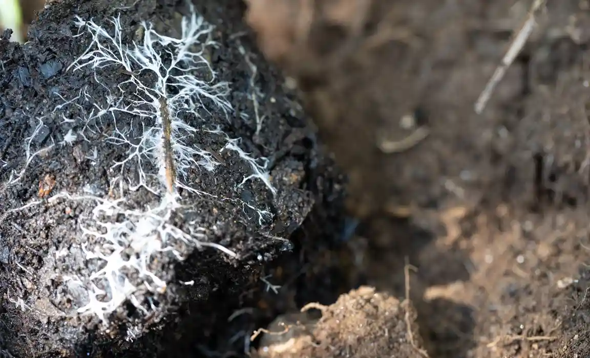 white mycelium spreading through the substrate of a seedling