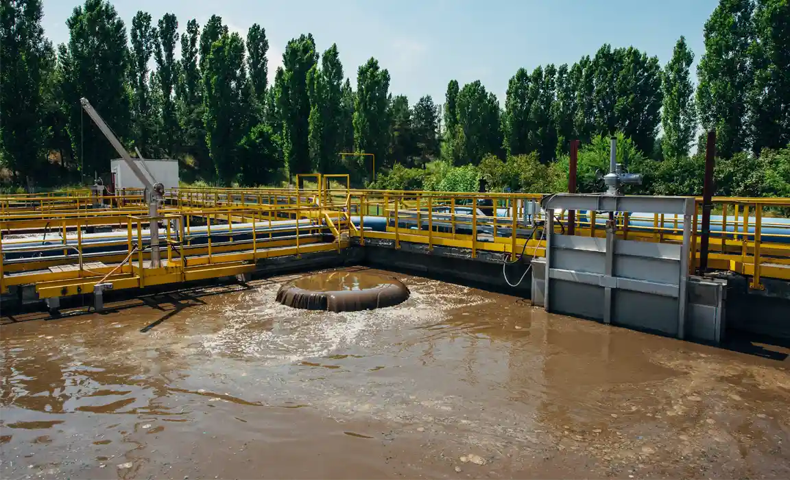 Wastewater treatment plant. Active sludge feeding into tanks for aeration and biological bacterial purification of sewage