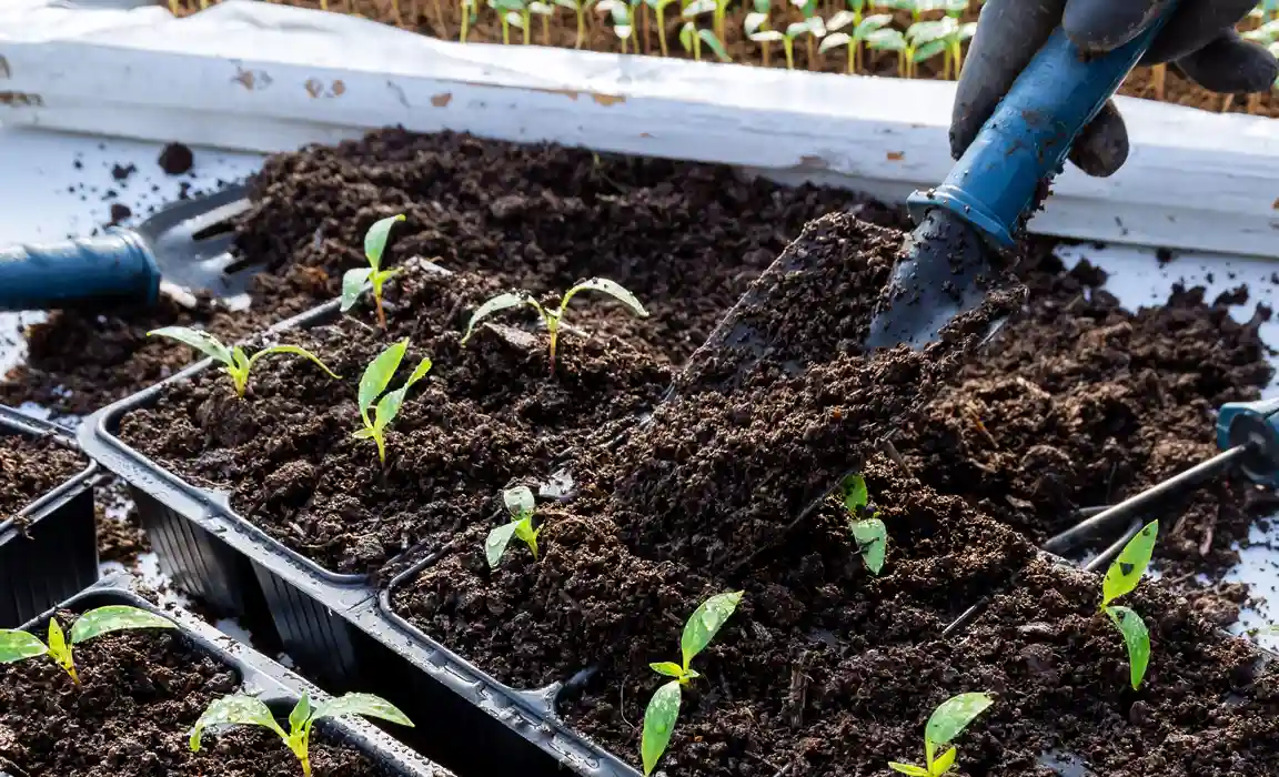 Transplanting young plants in healthy soil with organic matter